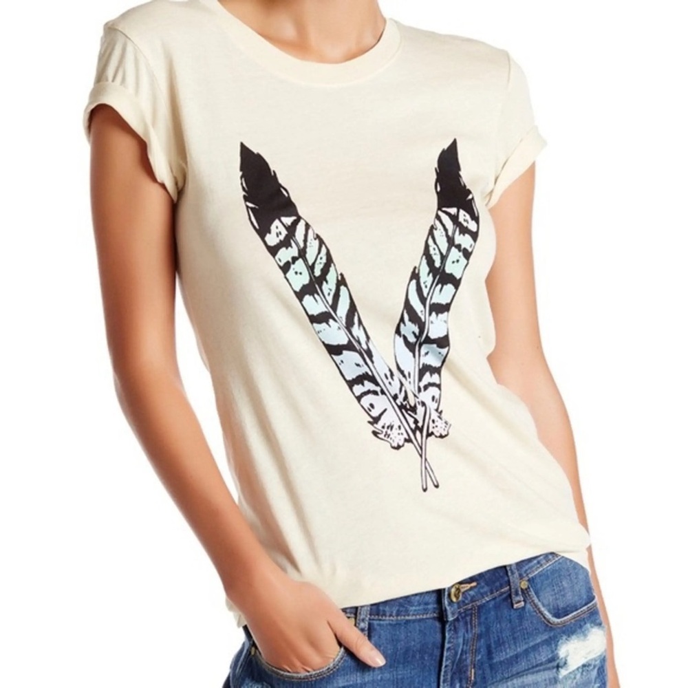 Wildfox Cream Printed Feather Tee - Small